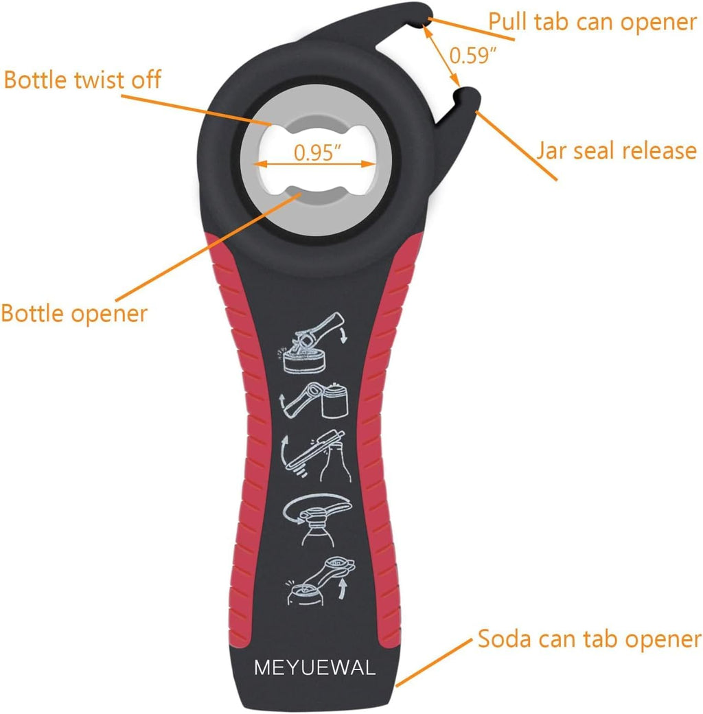 Jar Opener. 5 in 1 Multi Function Can Opener Bottle Opener Kit with Silicone Handle Easy to Use for Children. Elderly and Arthritis Sufferers (Apple Red)