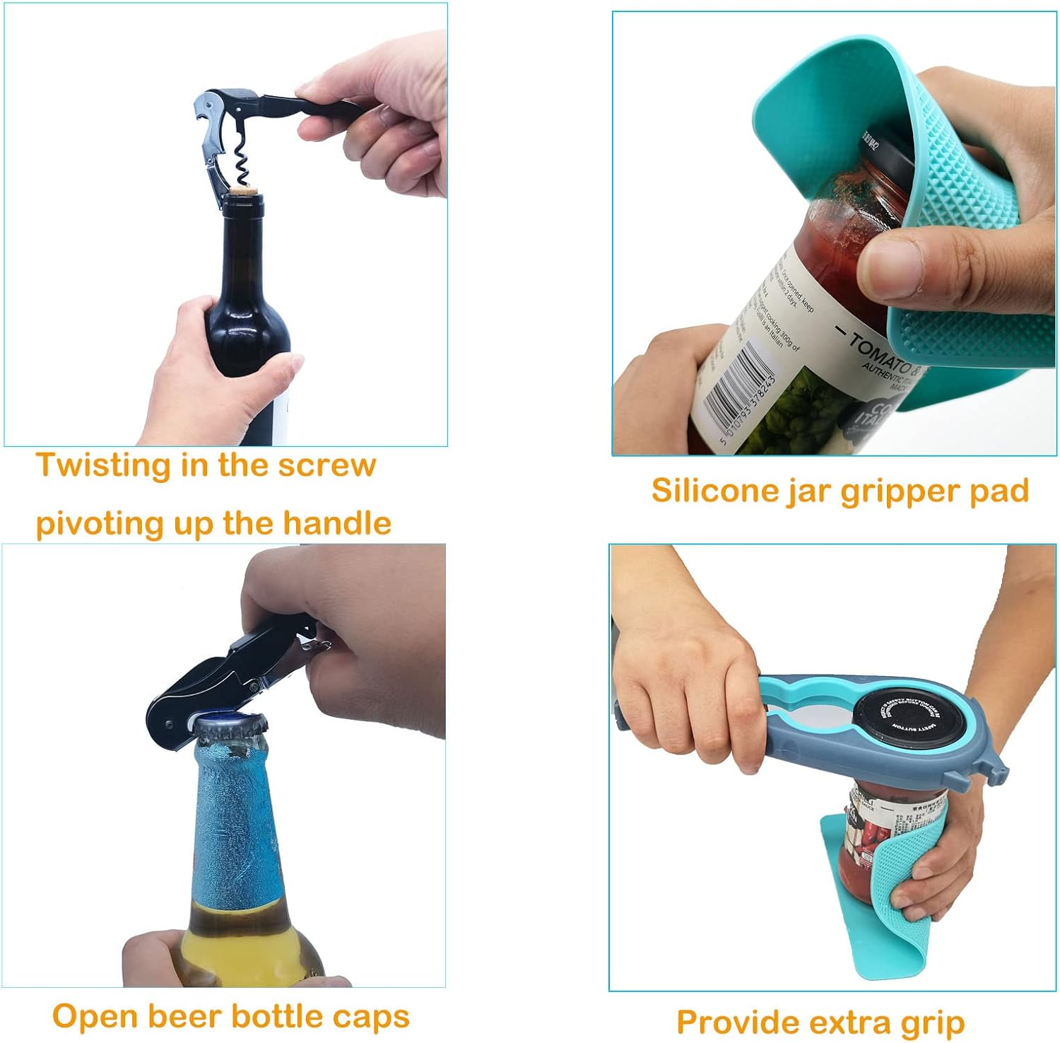 Otstar 6-in-1 Jar Opener & Bottle Opener Set for Weak Hands - Multi-Function Kitchen Opener Tool for Seniors with Arthritis. Elderly - Includes Jar Lid Gripper Pad. Corkscrew Opener