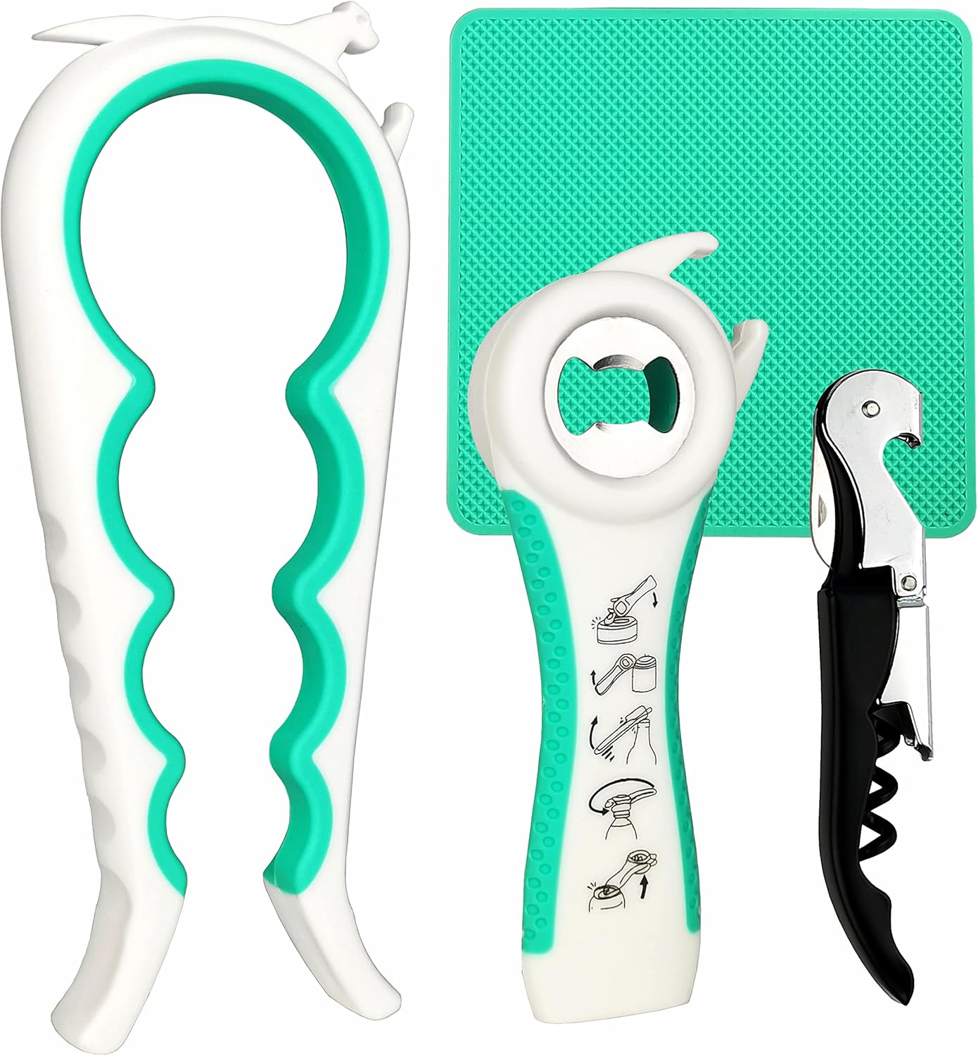 Otstar 6-in-1 Jar Opener & Bottle Opener Set for Weak Hands - Multi-Function Kitchen Opener Tool for Seniors with Arthritis. Elderly - Includes Jar Lid Gripper Pad. Corkscrew Opener